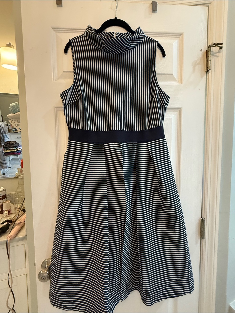 New York & Company Navy and White Striped Sleeveless Midi Dress